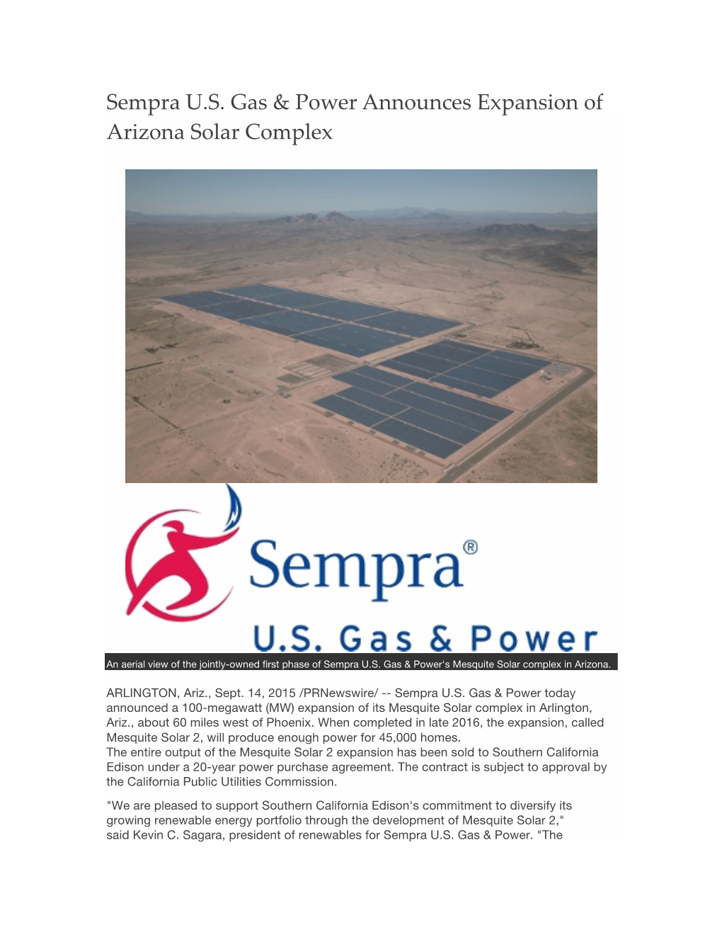 Sempra U.S. Gas & Power Announces Expansion of Arizona Solar Complex