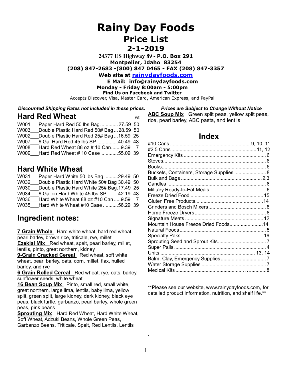 Rainy Day Foods Price List 2-1-2019 24377 US Highway 89 - P.O