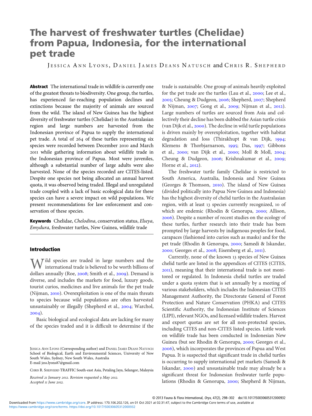 The Harvest of Freshwater Turtles (Chelidae) from Papua, Indonesia, for the International Pet Trade