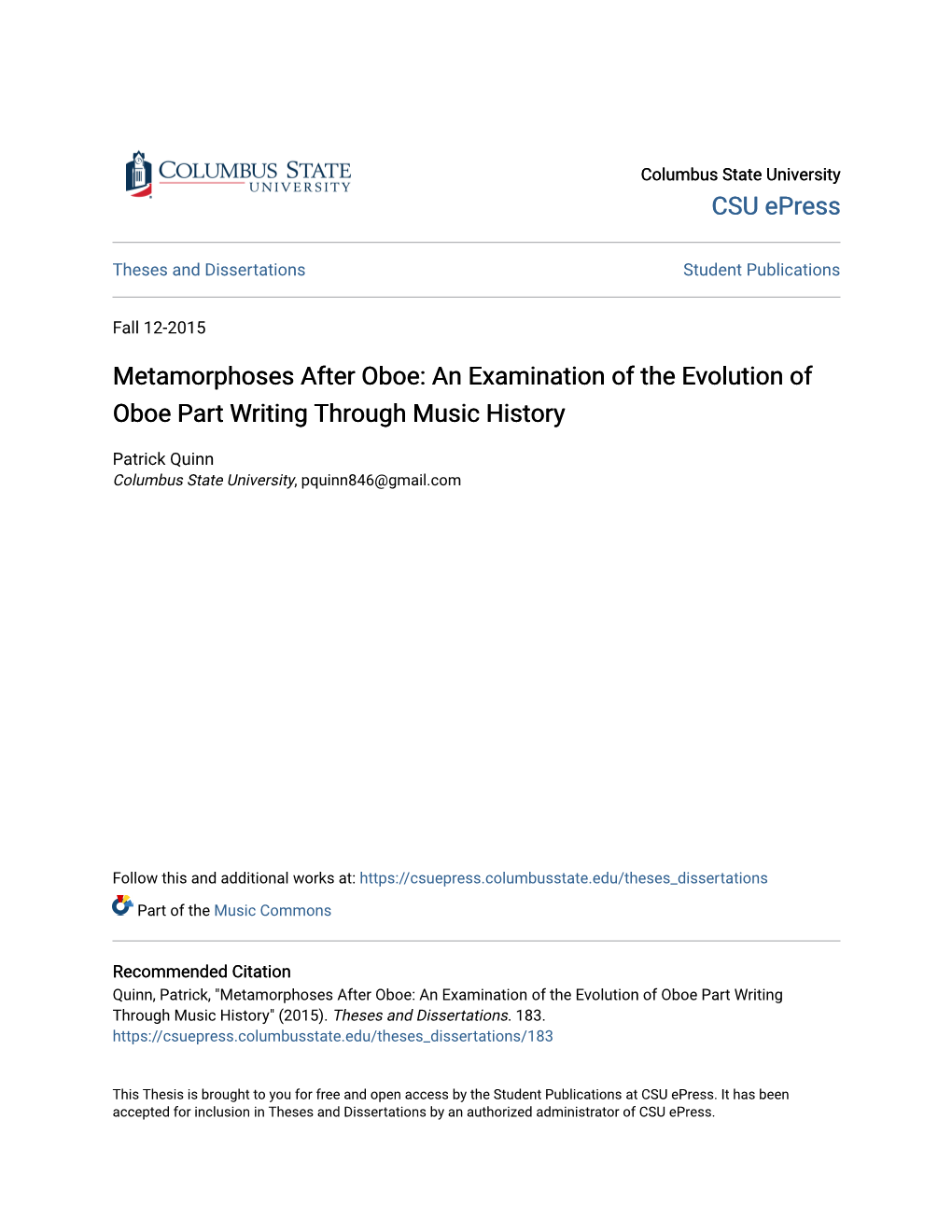 Metamorphoses After Oboe: an Examination of the Evolution of Oboe Part Writing Through Music History