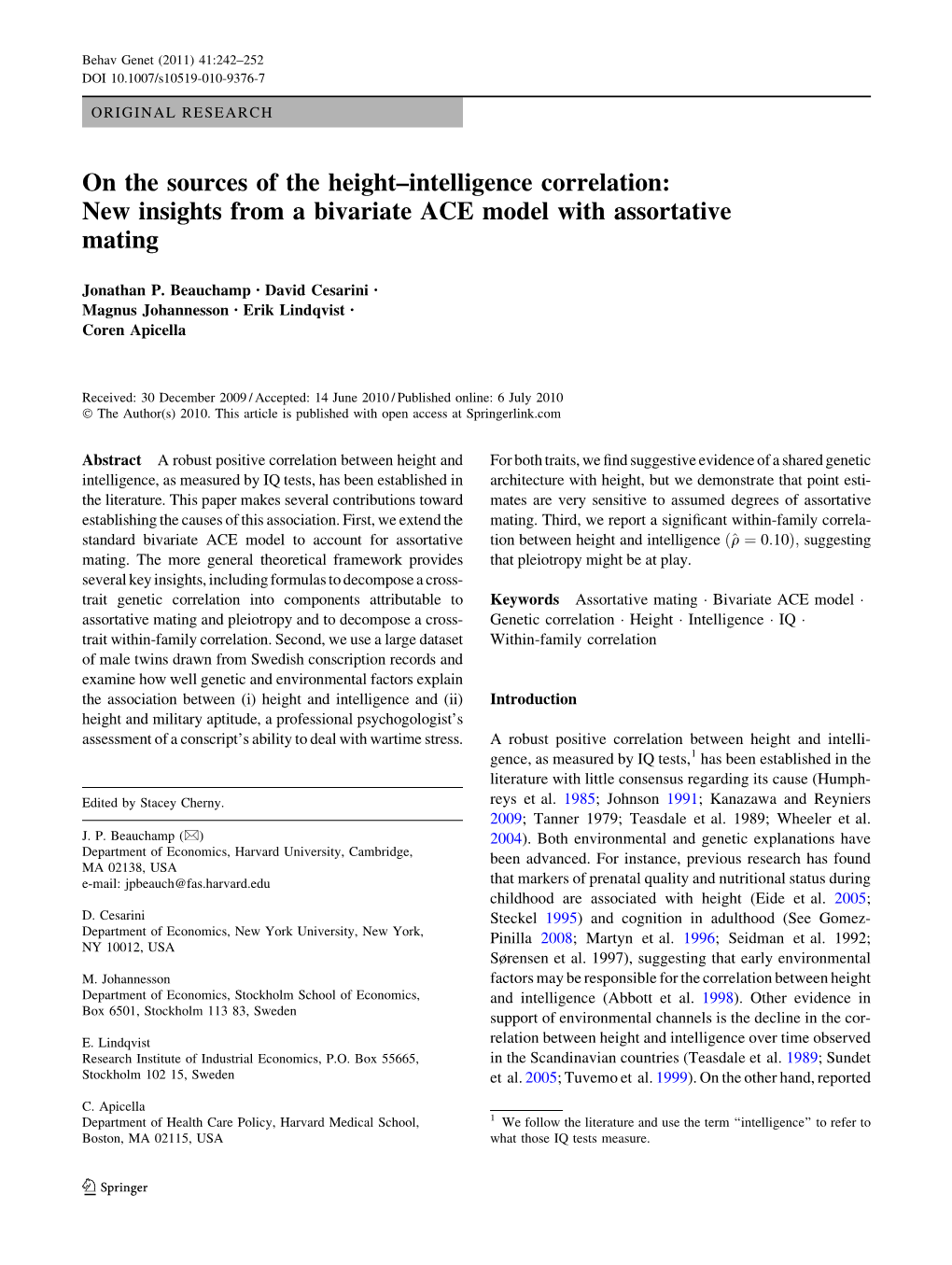On the Sources of the Height–Intelligence Correlation: New Insights from a Bivariate ACE Model with Assortative Mating