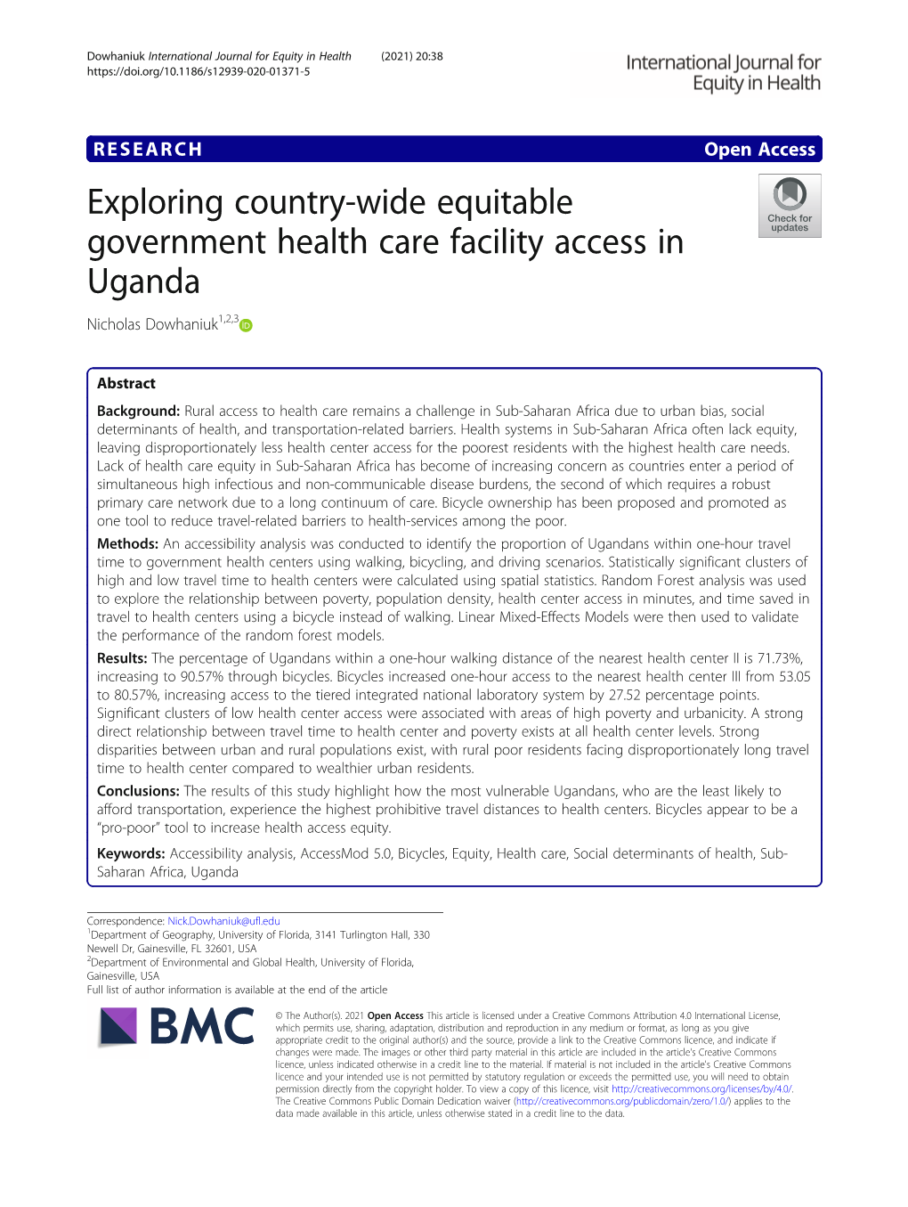 Exploring Country-Wide Equitable Government Health Care Facility Access in Uganda Nicholas Dowhaniuk1,2,3