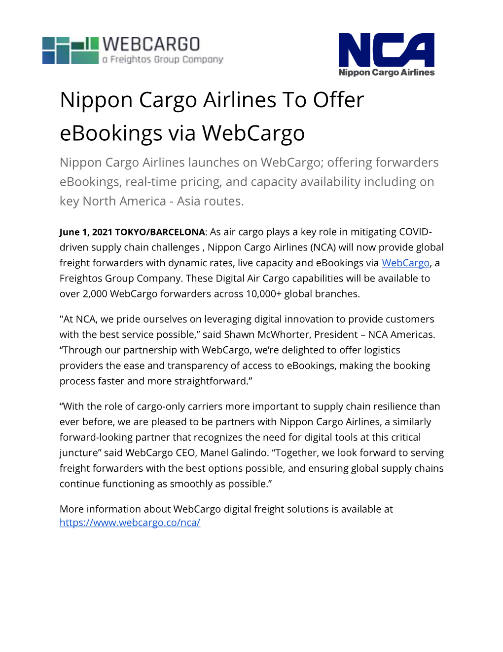 Nippon Cargo Airlines to Offer Ebookings Via Webcargo