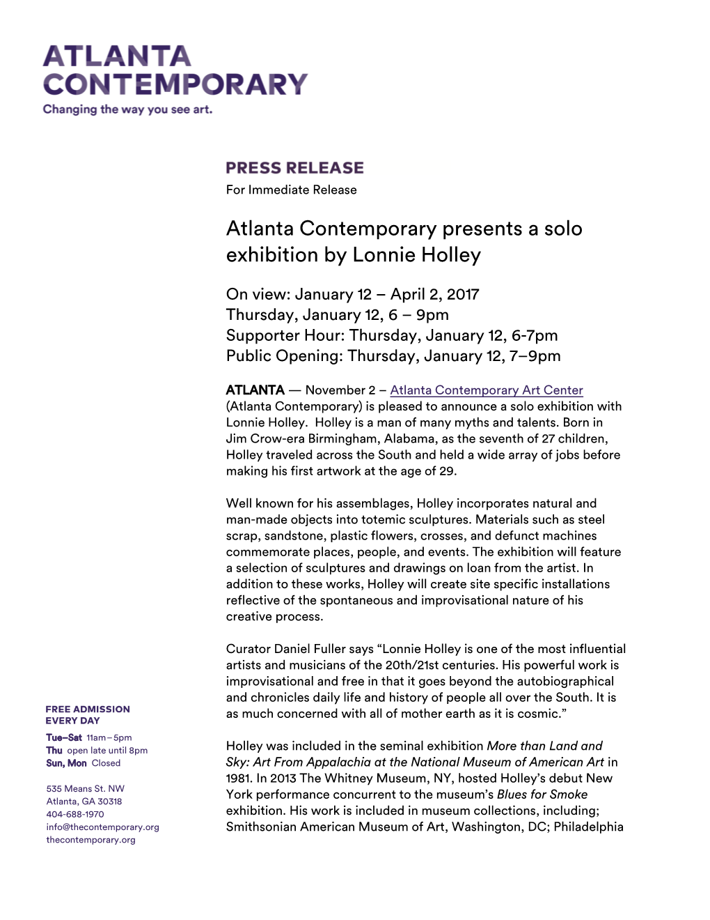 Atlanta Contemporary Presents a Solo Exhibition by Lonnie Holley