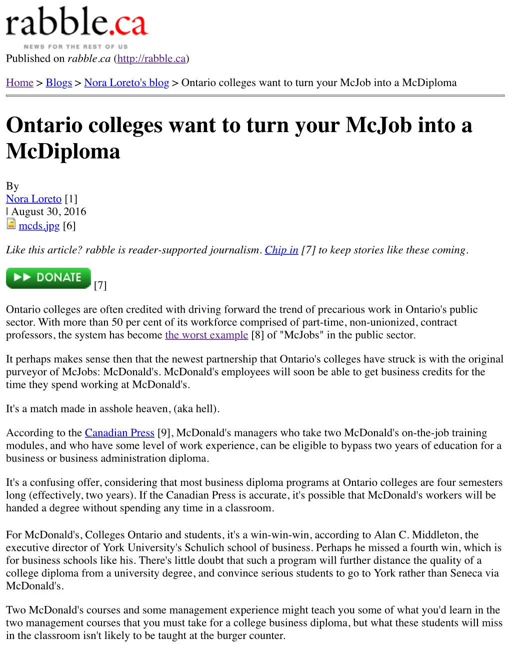 Ontario Colleges Want to Turn Your Mcjob Into a Mcdiploma