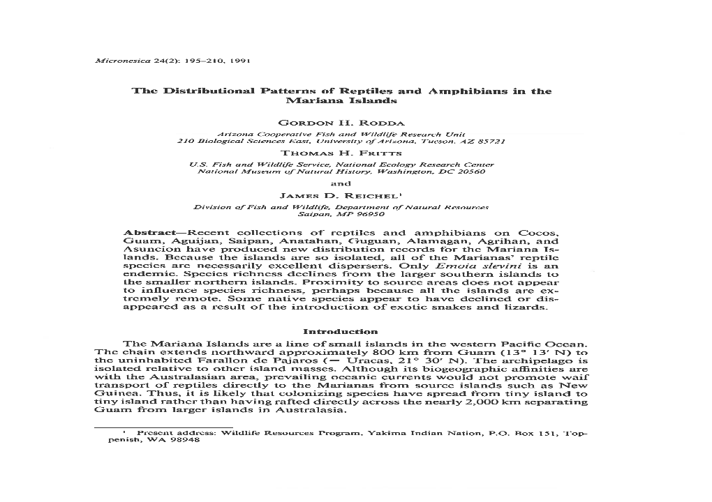 The Distributional Patterns of Reptiles and Amphibians in the Mariana