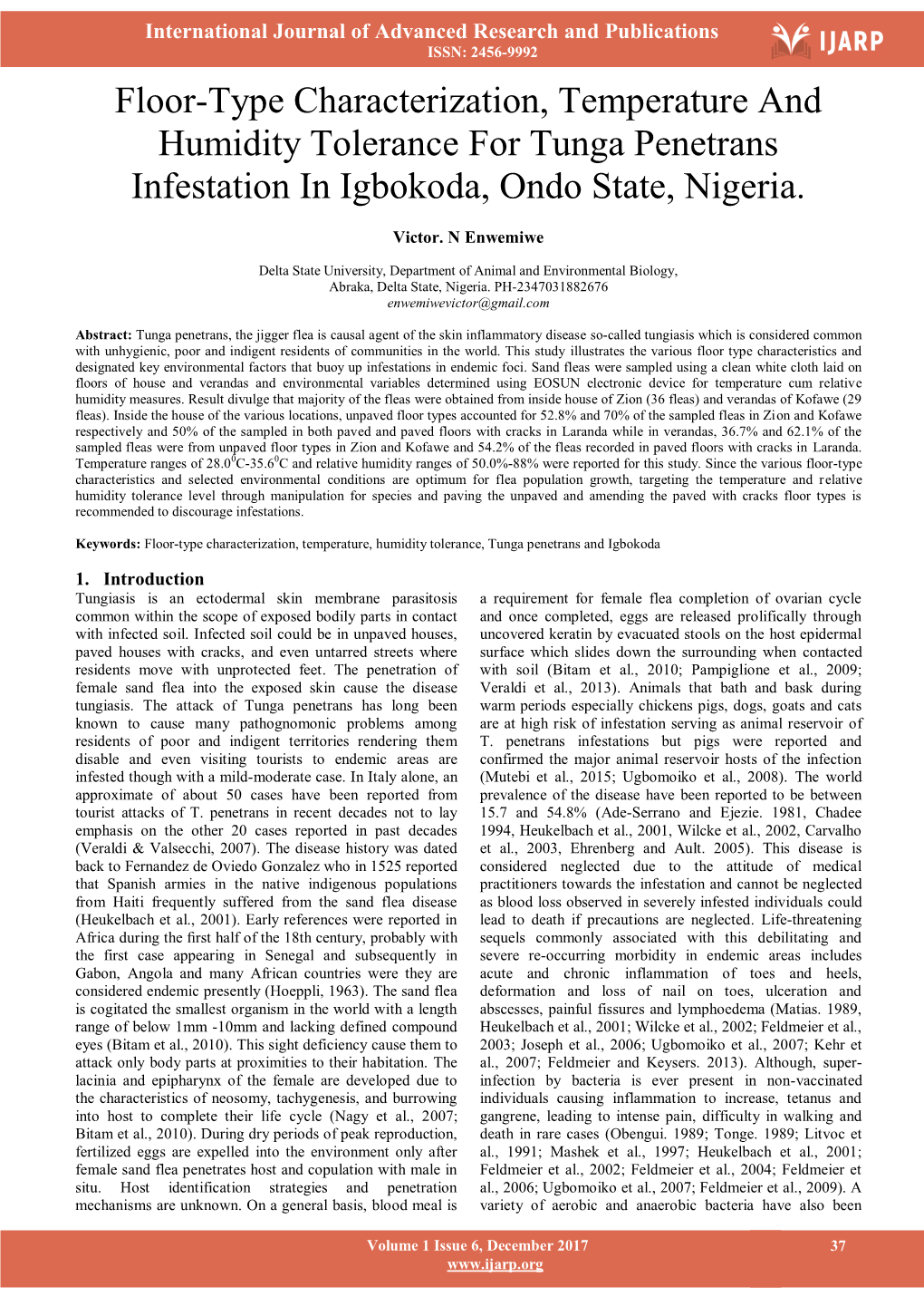 Floor-Type Characterization, Temperature and Humidity Tolerance for Tunga Penetrans Infestation in Igbokoda, Ondo State, Nigeria