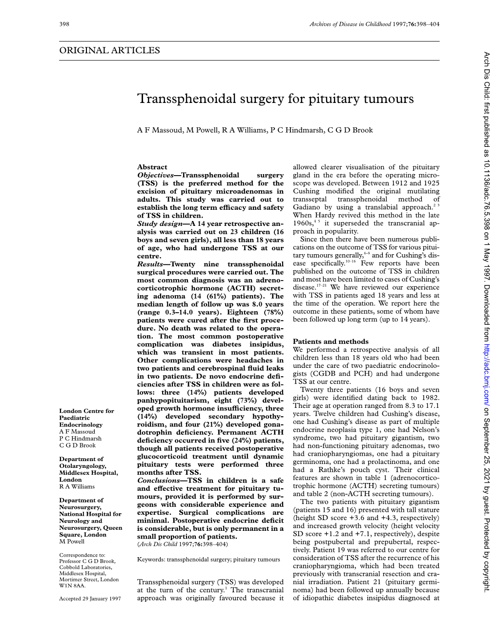 Transsphenoidal Surgery for Pituitary Tumours