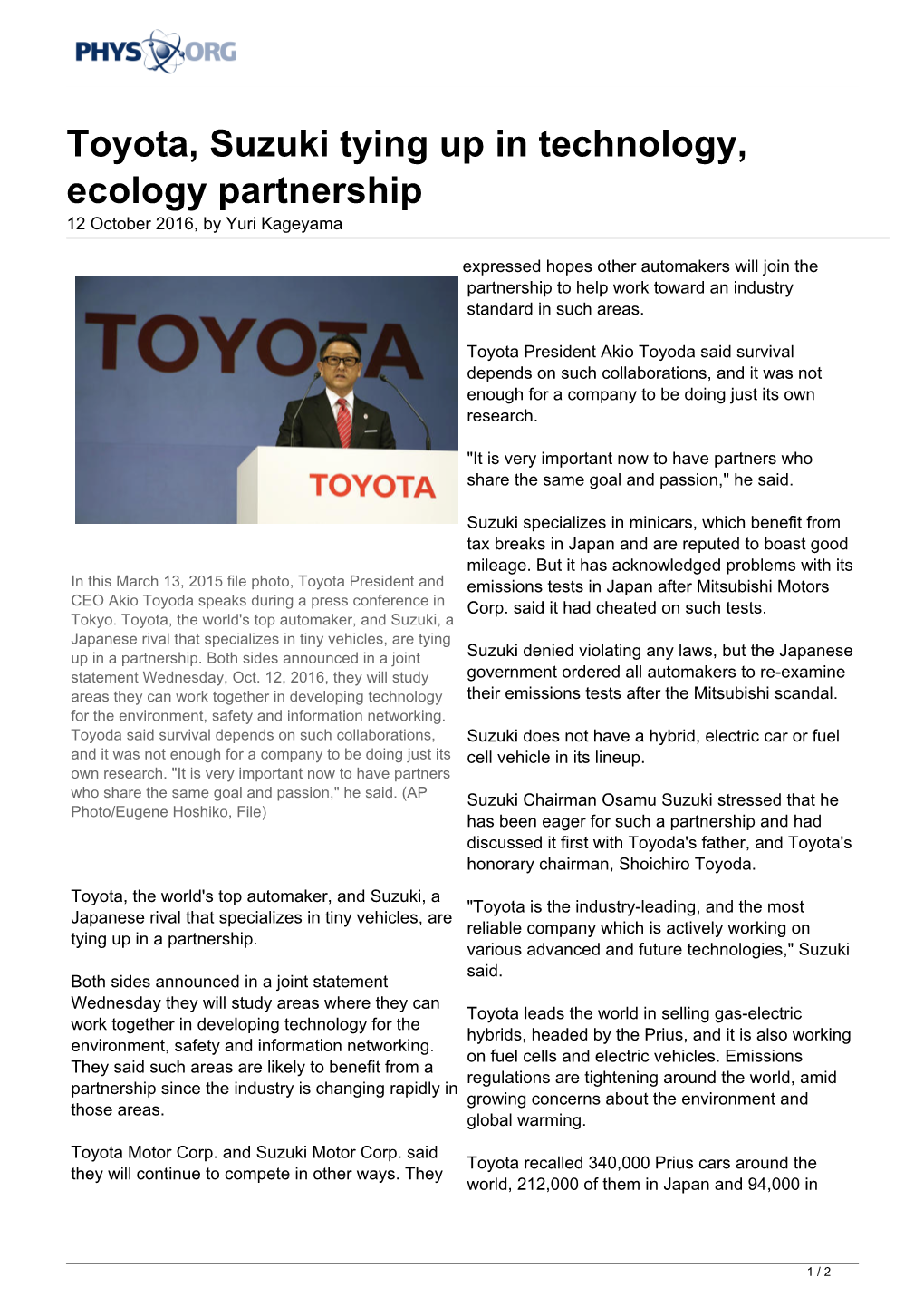 Toyota, Suzuki Tying up in Technology, Ecology Partnership 12 October 2016, by Yuri Kageyama