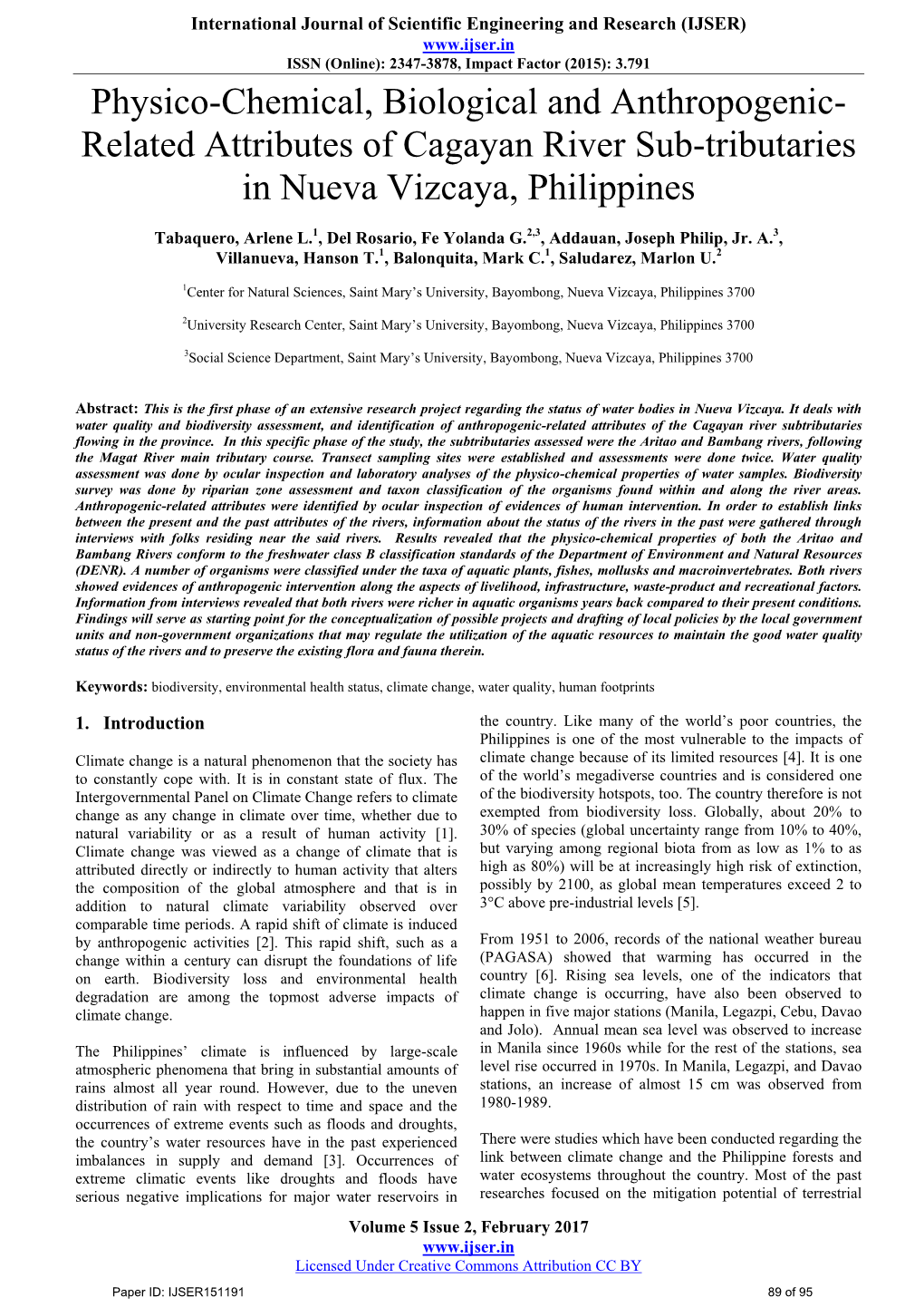 Physico-Chemical, Biological and Anthropogenic-Related Attributes Of