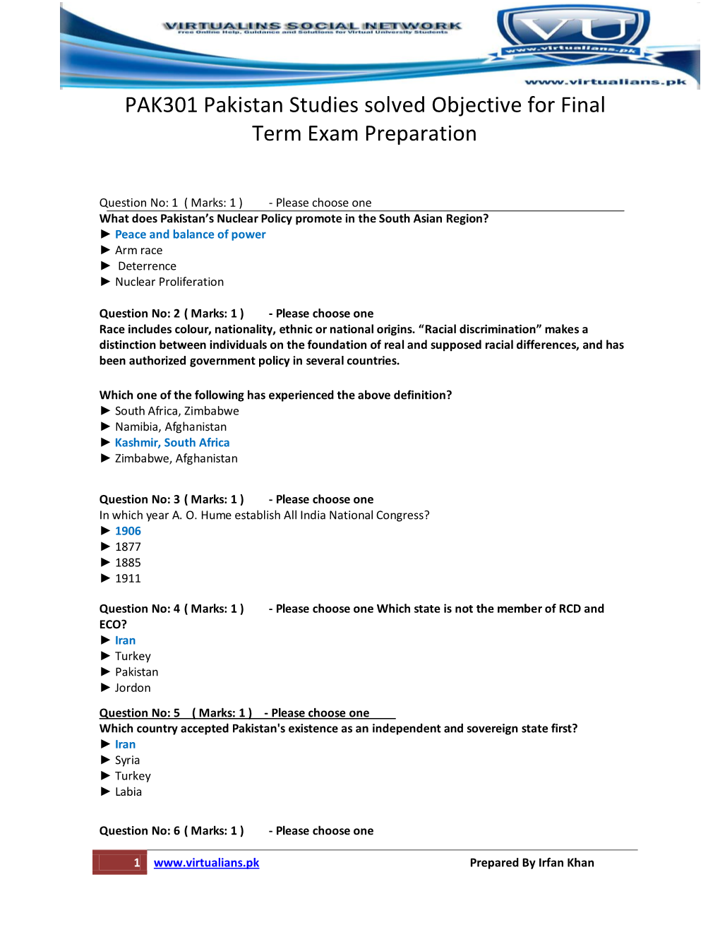 PAK301 Pakistan Studies Solved Objective for Final Term Exam Preparation