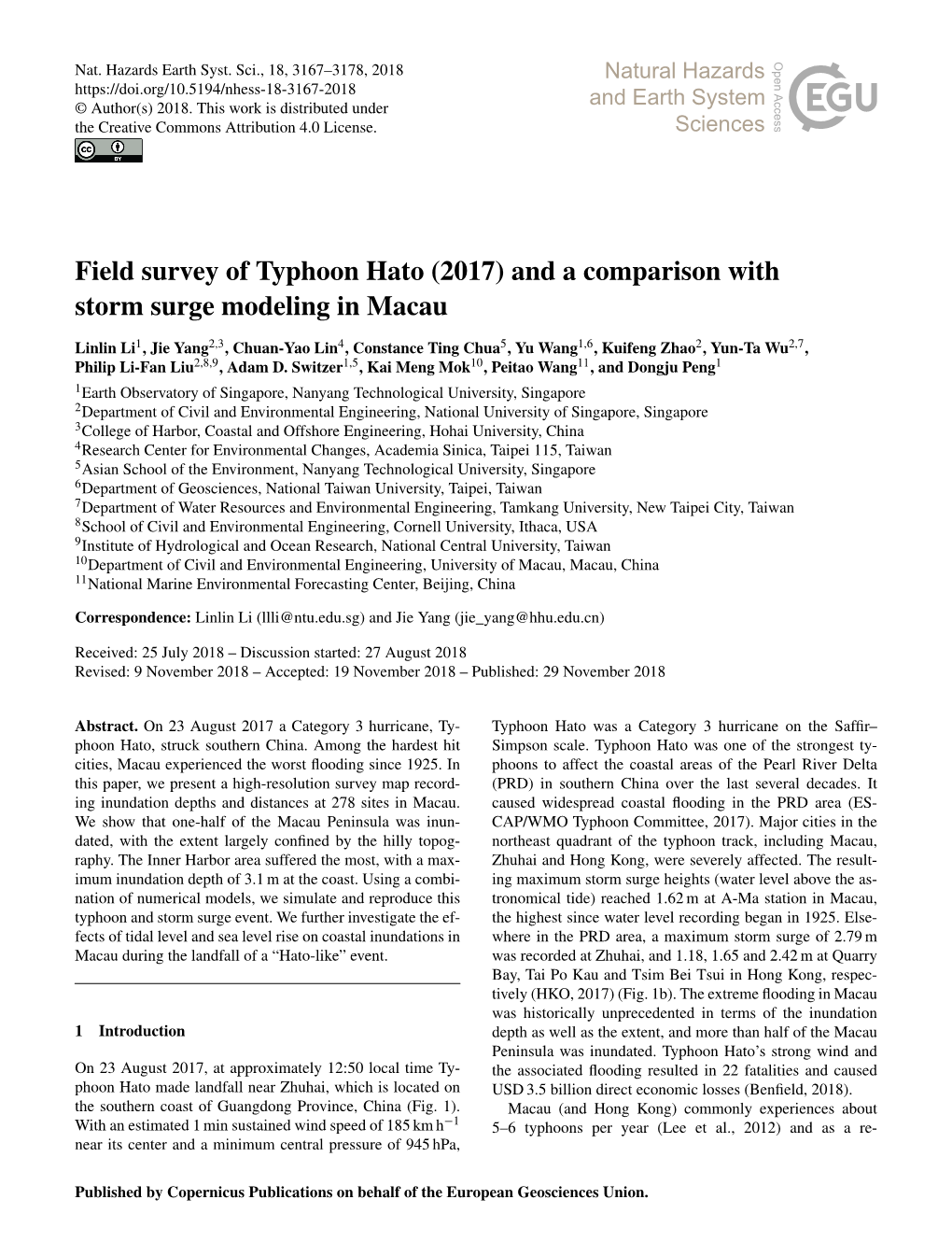 Field Survey of Typhoon Hato (2017) and a Comparison with Storm Surge Modeling in Macau