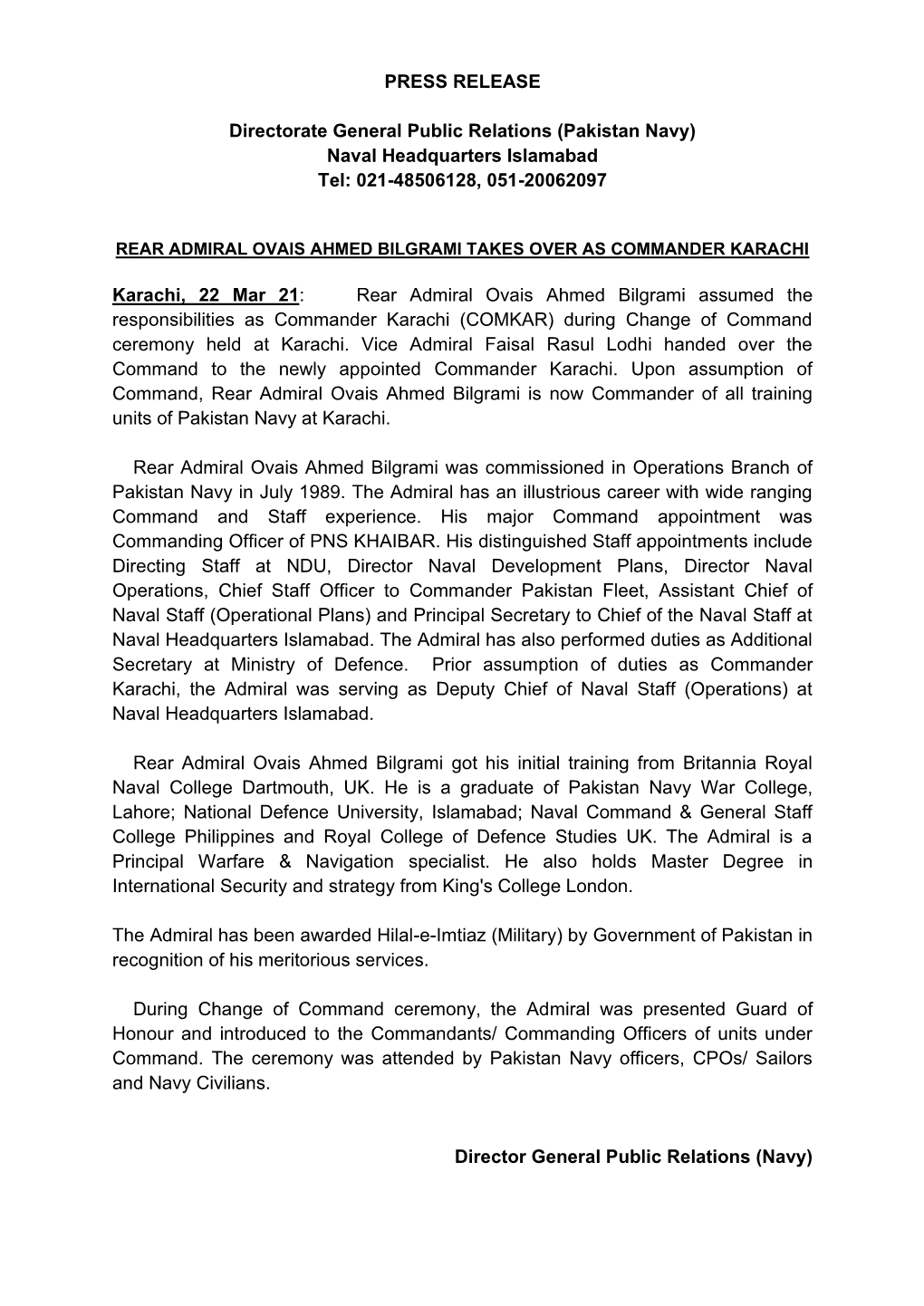 PRESS RELEASE Directorate General Public Relations (Pakistan