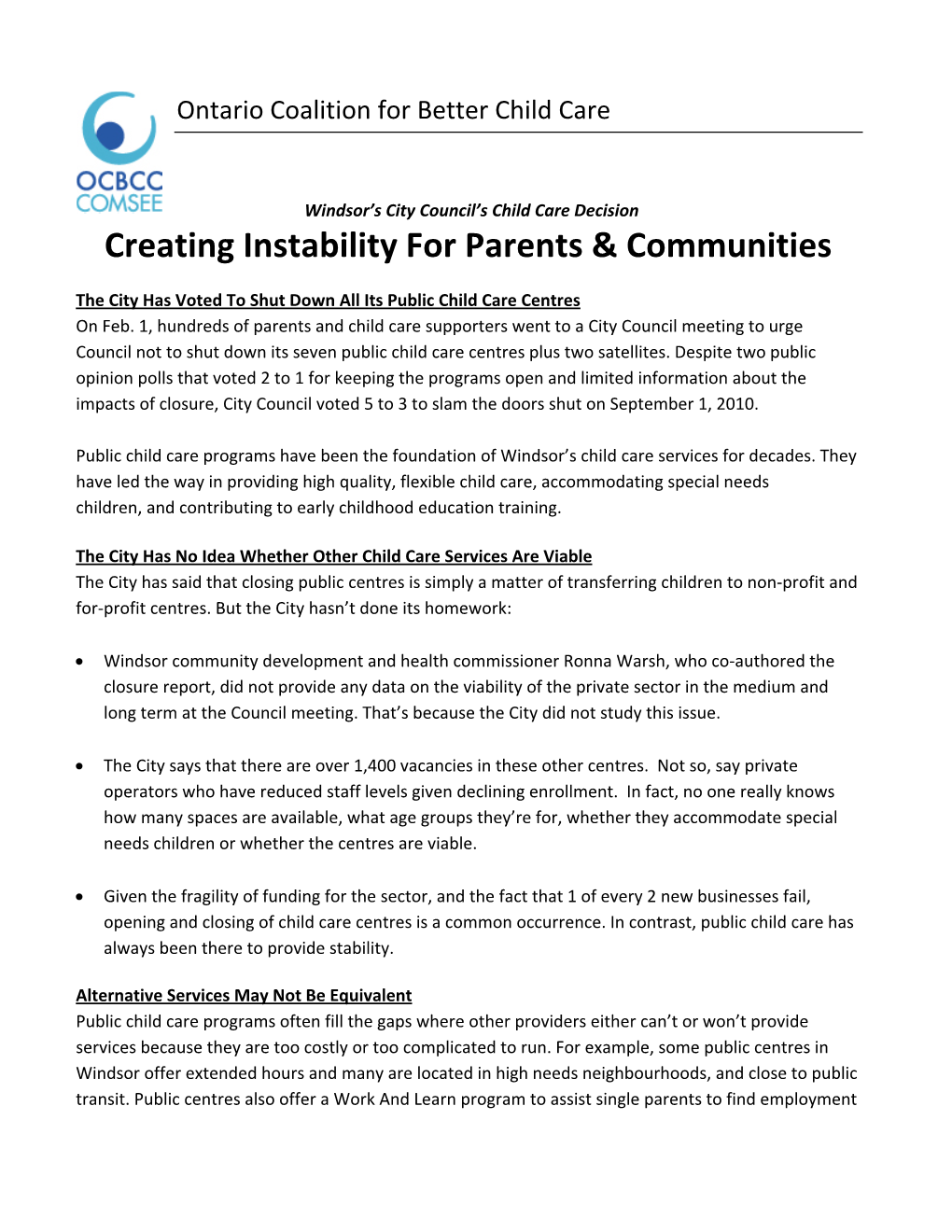 Creating Instability for Parents & Communities