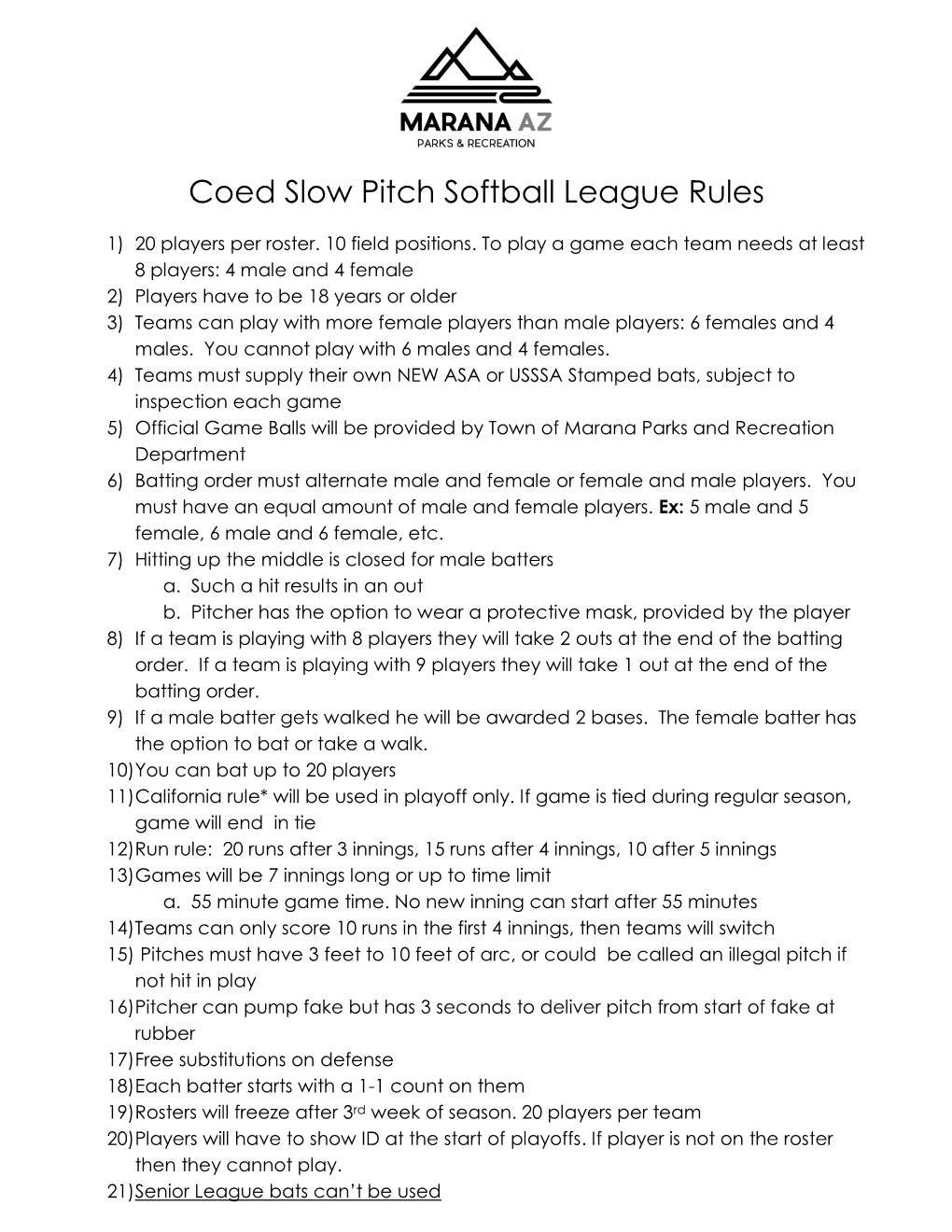 Coed Slow Pitch Softball League Rules