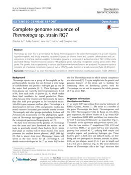 Complete Genome Sequence of Thermotoga Sp. Strain RQ7 Zhaohui Xu1*, Rutika Puranik1, Junxi Hu1,2, Hui Xu1 and Dongmei Han1