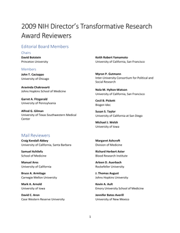 2009 NIH Director's Transformative Research Award Reviewers