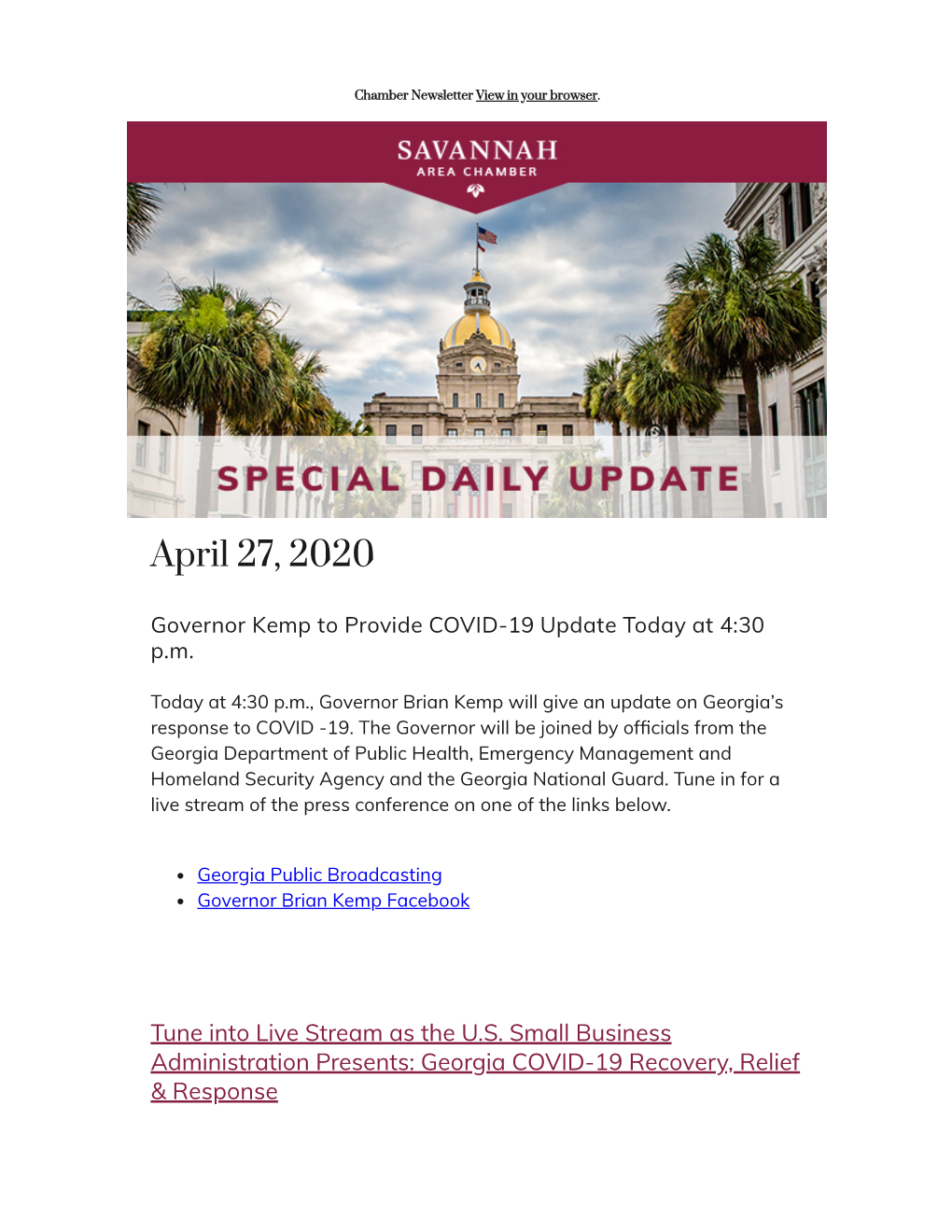 April 27, 2020 Governor Kemp to Provide COVID-19 Update Today at 4:30 P.M