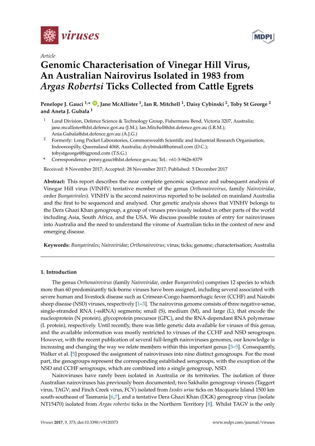 Genomic Characterisation of Vinegar Hill Virus, an Australian Nairovirus Isolated in 1983 from Argas Robertsi Ticks Collected from Cattle Egrets