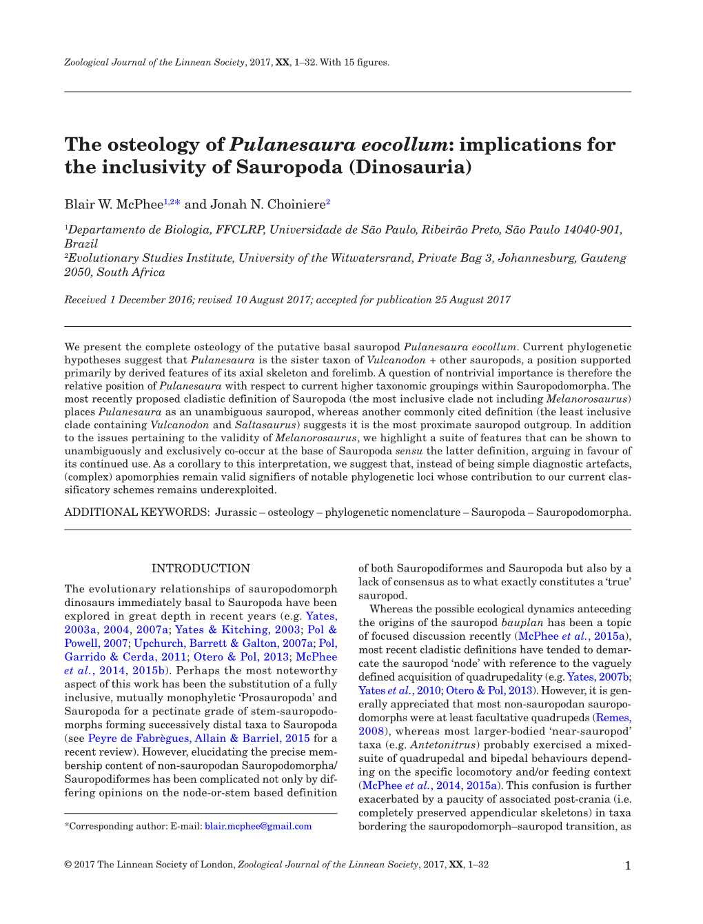 The Osteology of Pulanesaura Eocollum: Implications for the Inclusivity of Sauropoda (Dinosauria)