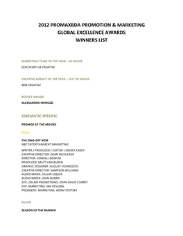 2012 Promaxbda Promotion & Marketing Global Excellence Awards Winners List