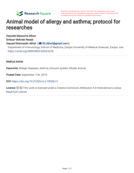 Animal Model of Allergy and Asthma; Protocol for Researches