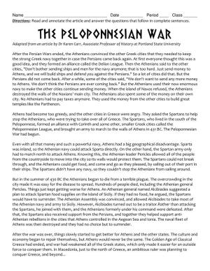 The Peloponnesian War Adapted from an Article by Dr Karen Carr, Associate Professor of History at Portland State University