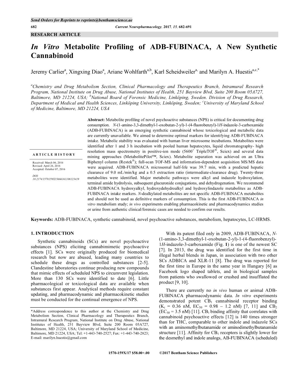 In Vitro Metabolite Profiling of ADB-FUBINACA, a New Synthetic Cannabinoid