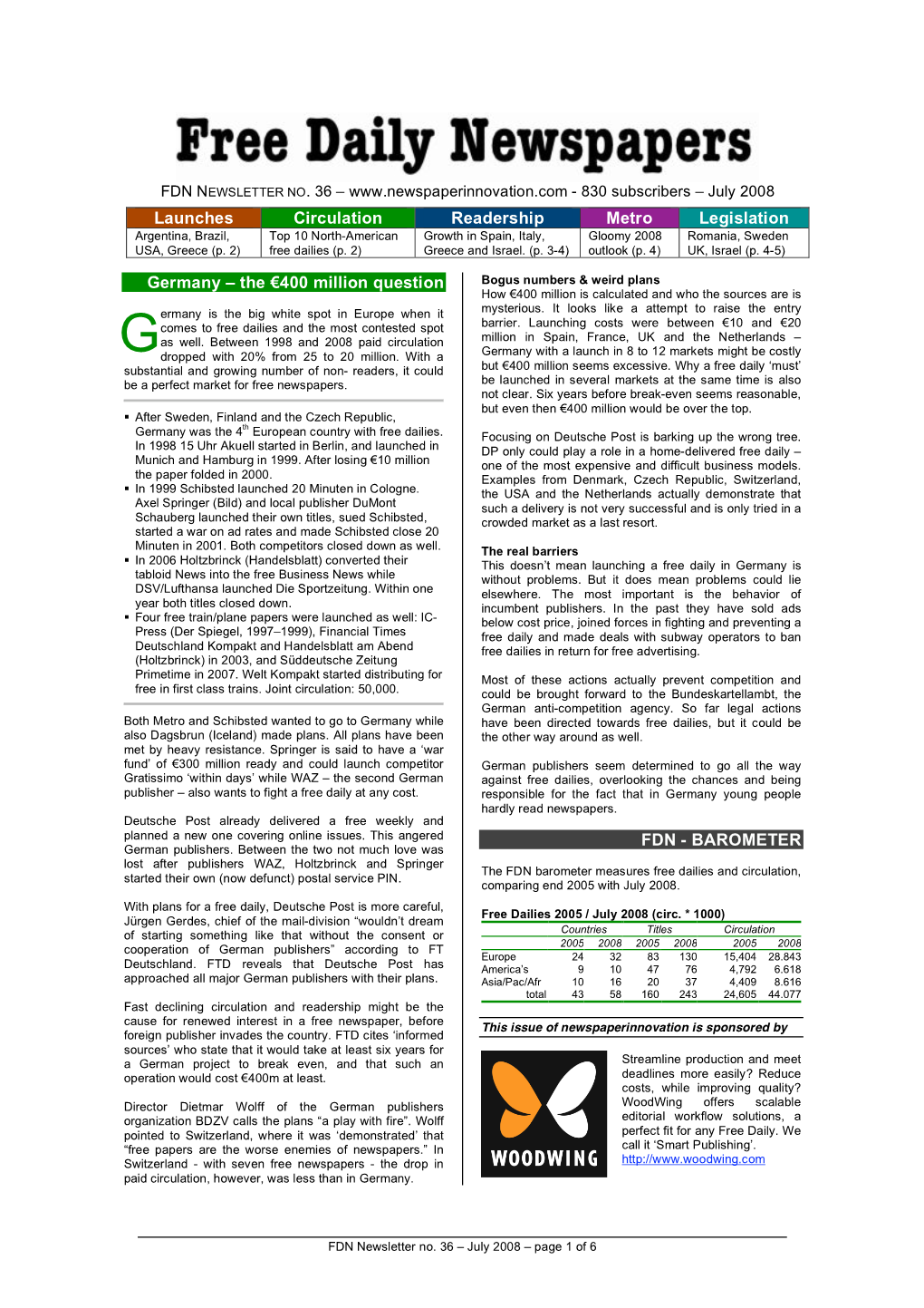 Launches Circulation Readership Metro Legislation Argentina, Brazil, Top 10 North-American Growth in Spain, Italy, Gloomy 2008 Romania, Sweden USA, Greece (P