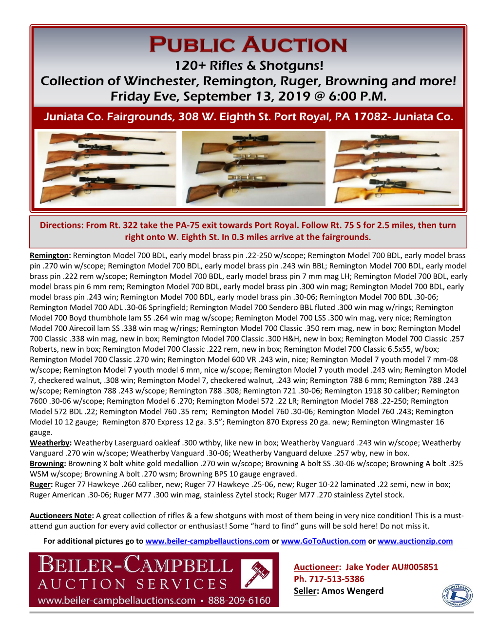 Collection of Winchester, Remington, Ruger, Browning and More! Friday Eve, September 13, 2019 @ 6:00 P.M