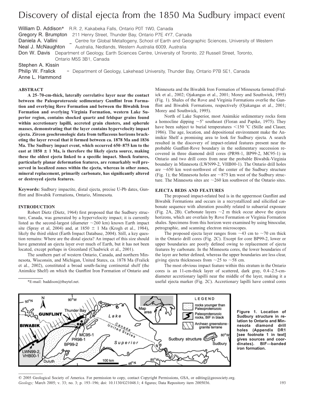 Discovery of Distal Ejecta from the 1850 Ma Sudbury Impact Event