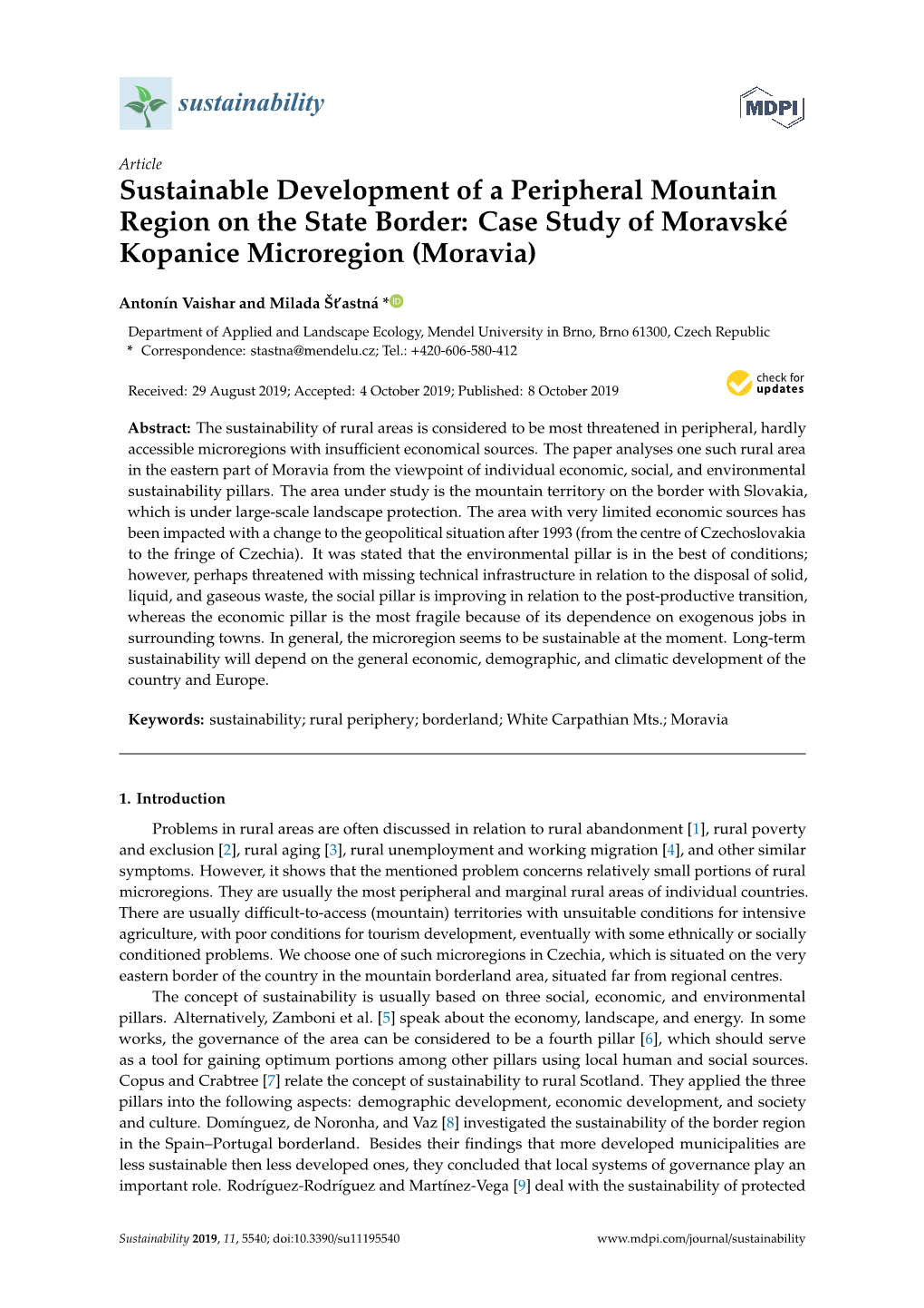 Sustainable Development of a Peripheral Mountain Region on the State Border: Case Study of Moravské Kopanice Microregion (Moravia)