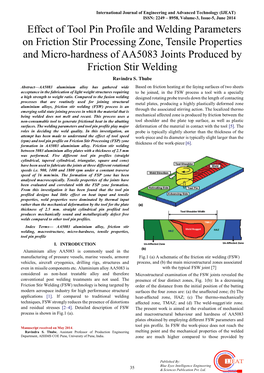 On Friction Stir Processing Zone, Tensile Properties and Micro-Hardness of AA5083 Joints Produced by Friction Stir Welding Ravindra S