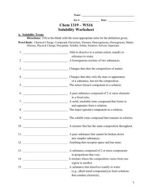 Chem 1319 – WS16 Solubility Worksheet