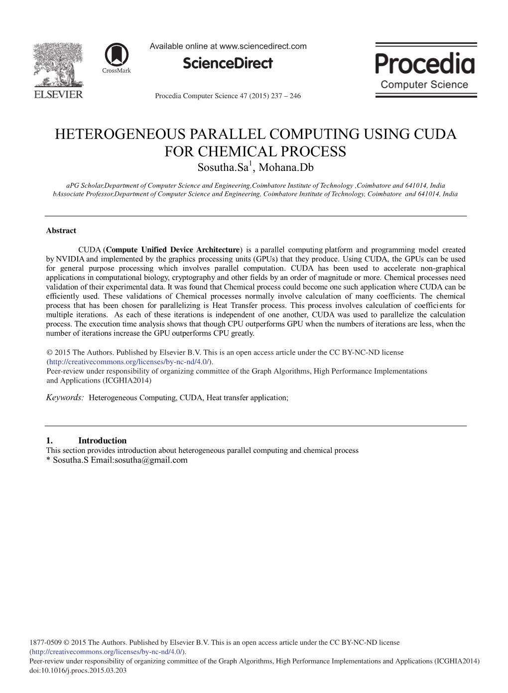 HETEROGENEOUS PARALLEL COMPUTING USING CUDA for CHEMICAL PROCESS Sosutha.Sa1, Mohana.Db