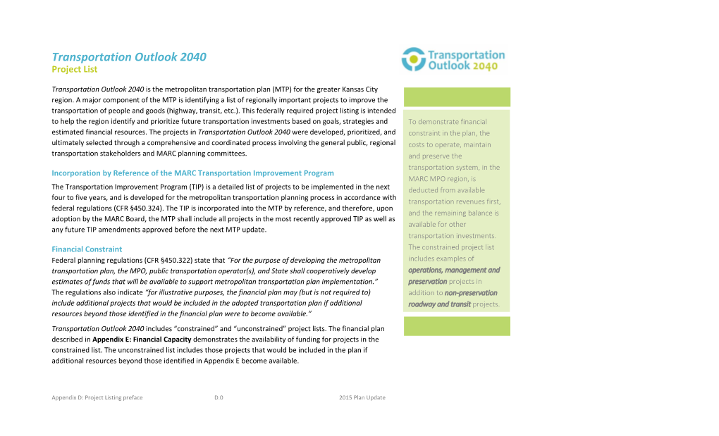 Transportation Outlook 2040 Project List