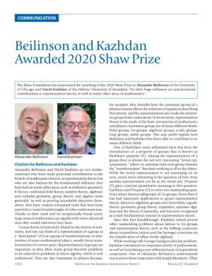 Beilinson and Kazhdan Awarded 2020 Shaw Prize