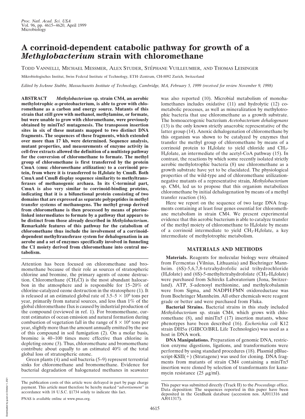 A Corrinoid-Dependent Catabolic Pathway for Growth of a Methylobacterium Strain with Chloromethane