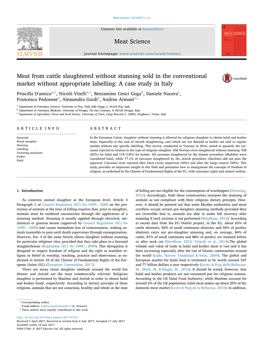 Meat from Cattle Slaughtered Without Stunning Sold in the Conventional MARK Market Without Appropriate Labelling: a Case Study in Italy