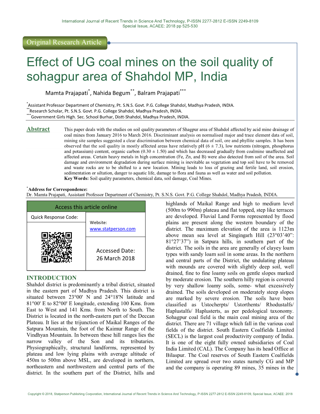 Effect of UG Coal Mines on the Soil Quality of Sohagpur Area of Shahdol MP, India