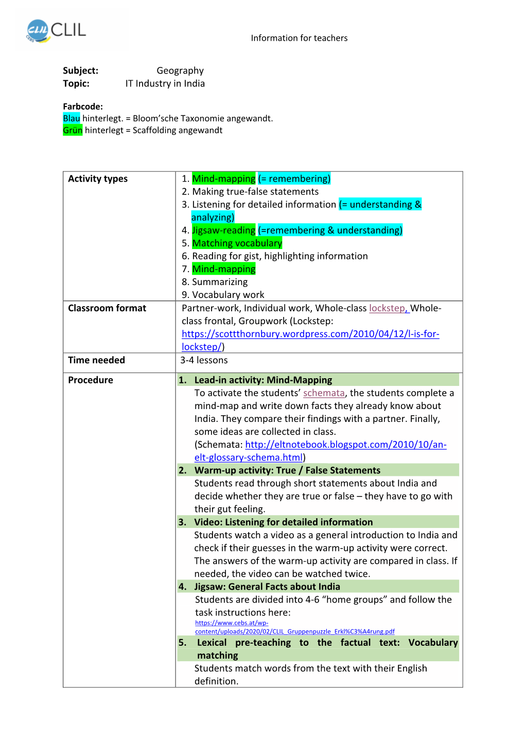 India CLIL Lesson Plan A