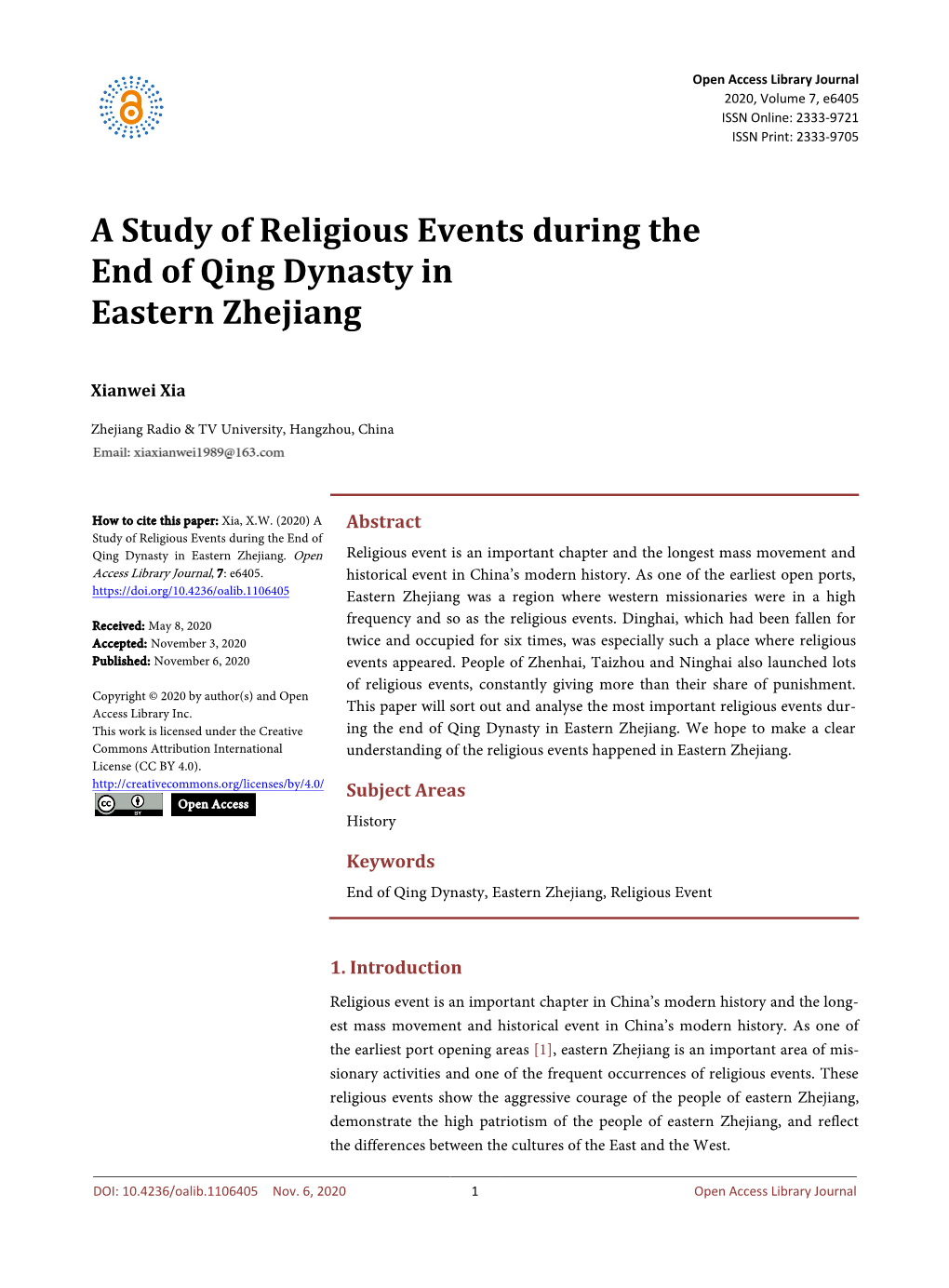 A Study of Religious Events During the End of Qing Dynasty in Eastern Zhejiang