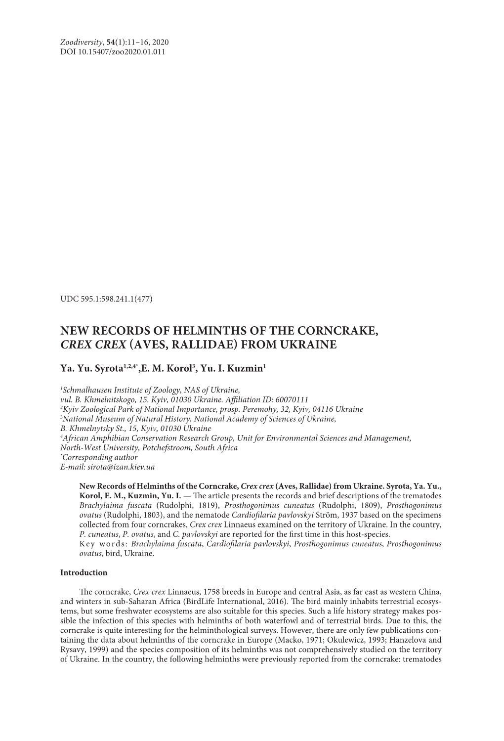 New Records of Helminths of the Corncrake, Crex Crex (Aves, Rallidae) from Ukraine