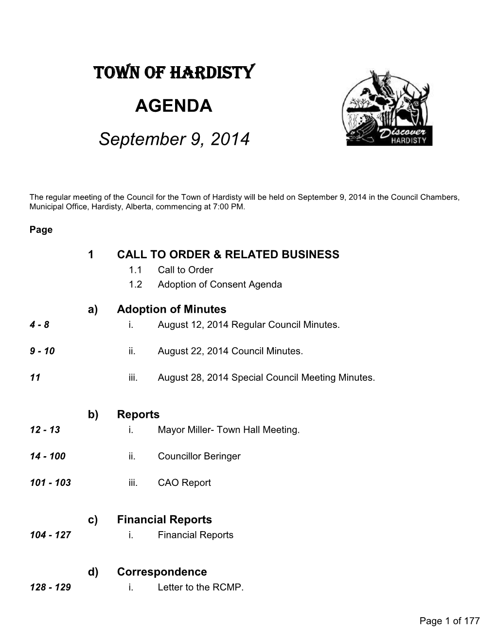 TOWN of HARDISTY AGENDA September 9, 2014