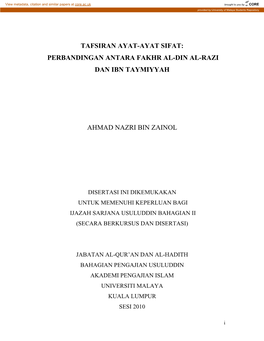 Tafsiran Ayat-Ayat Sifat: Perbandingan Antara Fakhr Al-Din Al-Razi Dan Ibn Taymiyyah