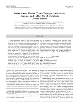 Recombinant Human Tissue Transglutaminase for Diagnosis and Follow-Up of Childhood Coeliac Disease