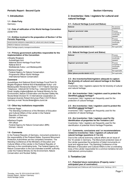 Second Cycle Section I-Germany Page 1 1. Introduction 2. Inventories / Lists / Registers for Cultural and Na