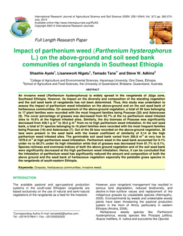 Parthenium Hysterophorus L.) on the Above-Ground and Soil Seed Bank Communities of Rangelands in Southeast Ethiopia