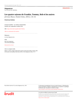 Les Quatre Saisons De Frankie, Tommy, Bob Et Les Autres / Jersey Boys, États-Unis, 2014, 2 H 14]