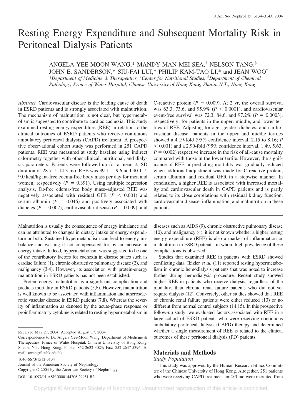 Resting Energy Expenditure and Subsequent Mortality Risk in Peritoneal Dialysis Patients